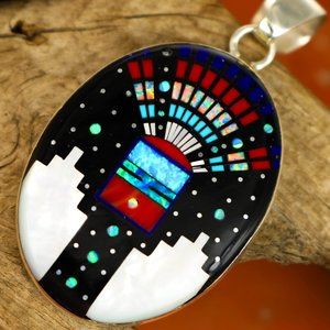 BIG! Southwestern KACHINA Inlay Sterling Silver Pendant